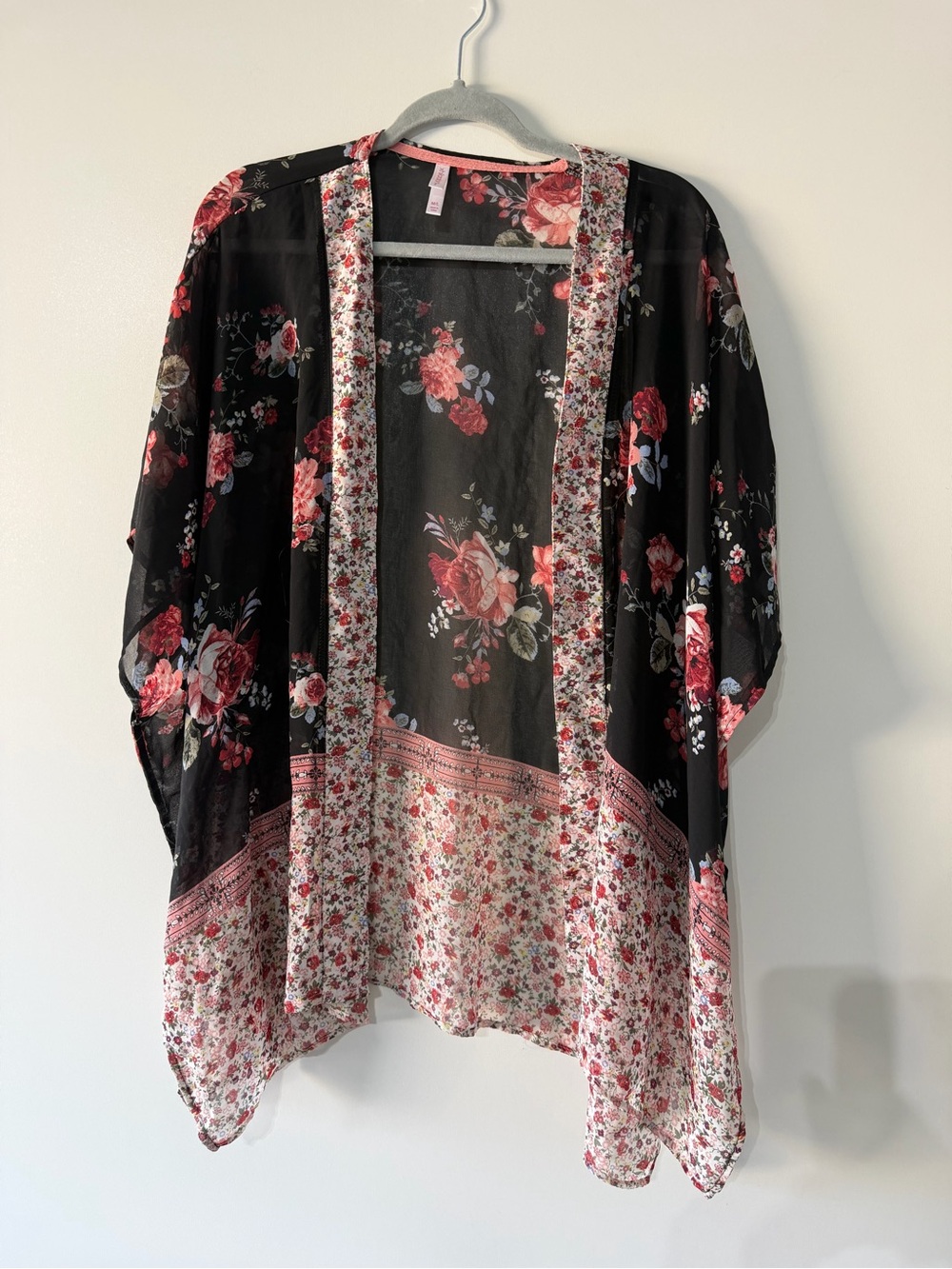 Xhilaration Black Sheer Floral Kimono with Pink and Red Roses